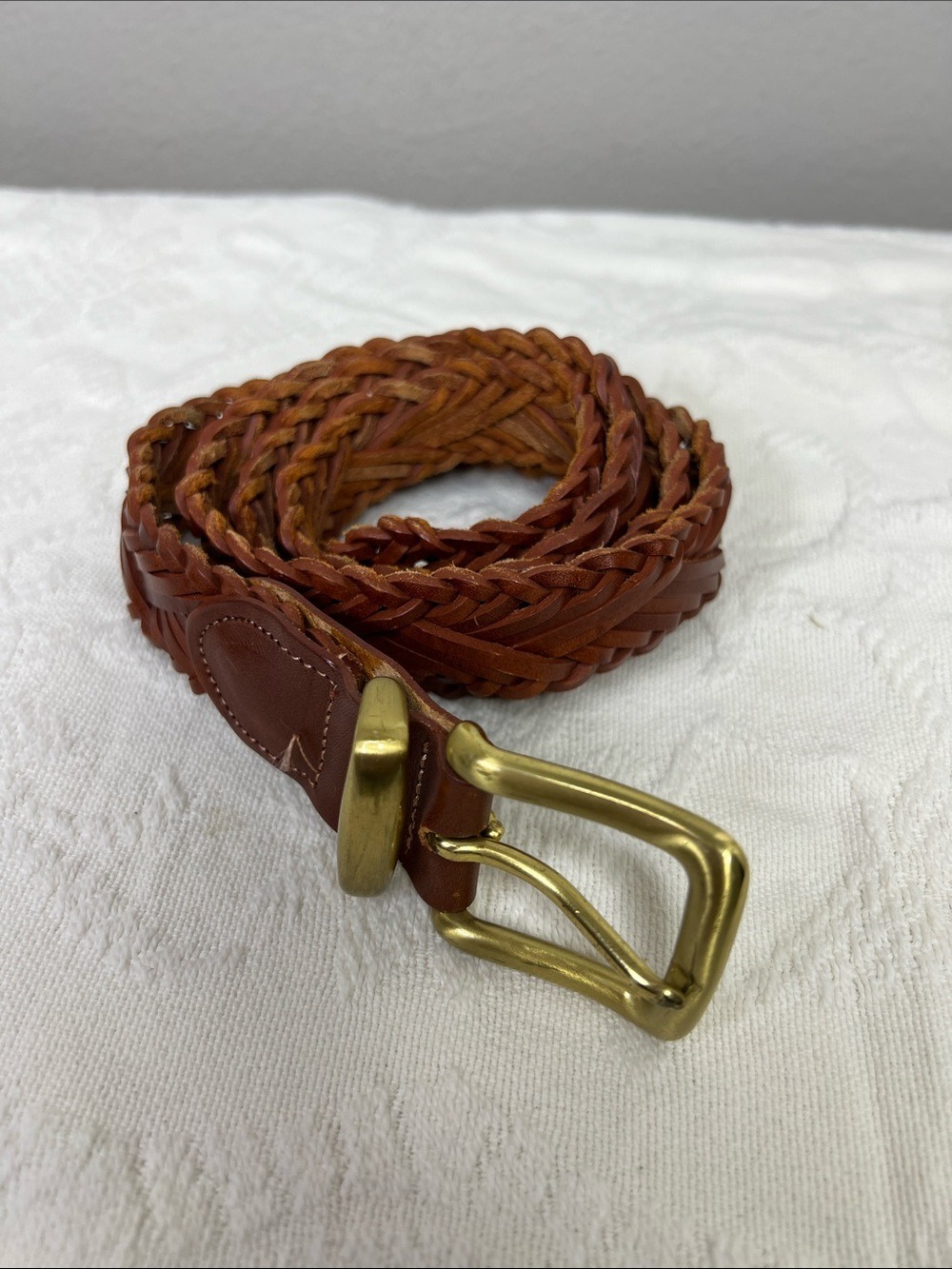 Leather Braided Belt With Solid Brass Buckle Size 38